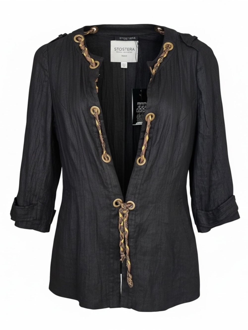 Etcetera Stostera Black Linen Blend Jacket Gold Chain Braided Trim Size 10
